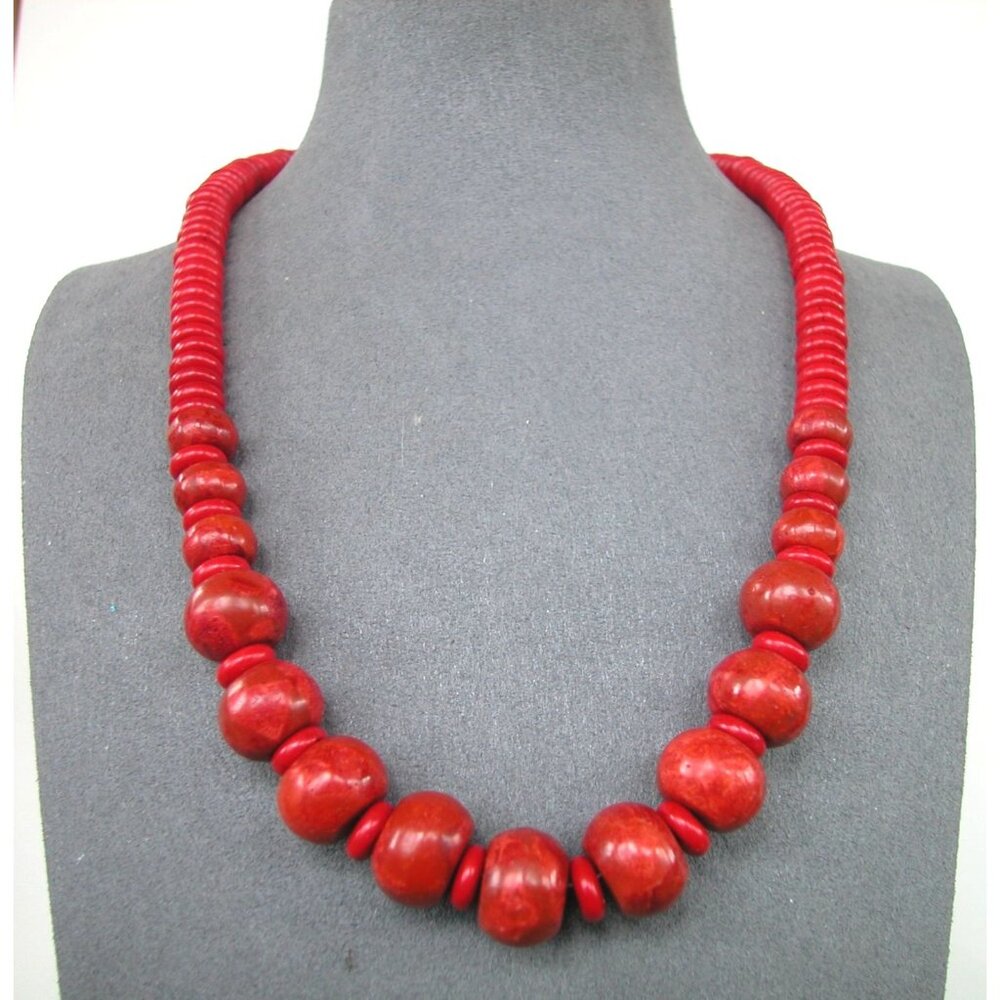 Red Beaded Necklace & Earring Set With Lobster Clasp Closure
